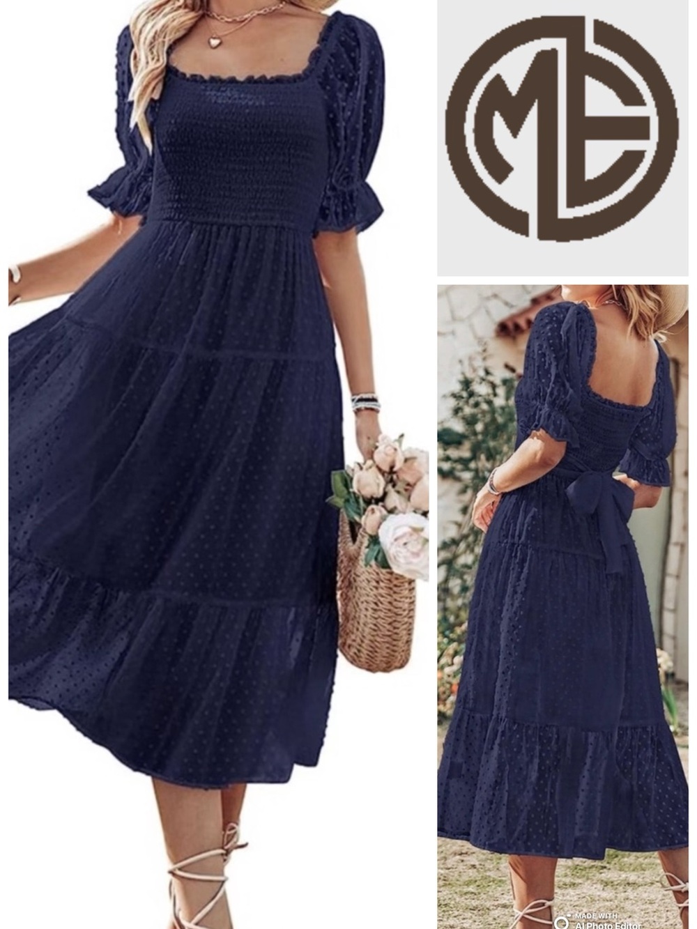 Women’s Navy Midi Smocked Square-Neck Dress